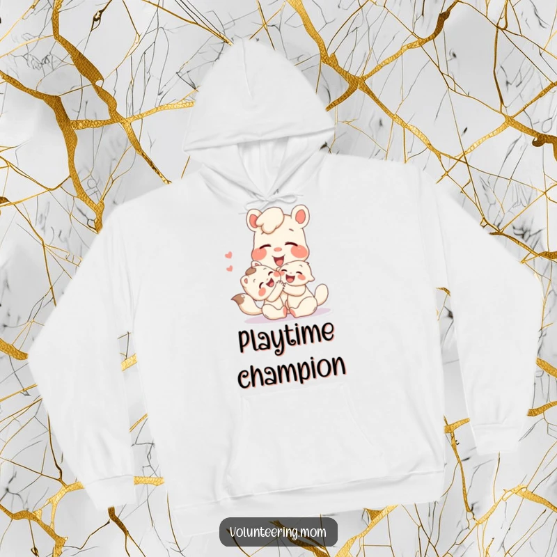 Funny hoodie depicting a playful Mom animal character sharing a moment of pure, unadulterated laughter while playing with a child.