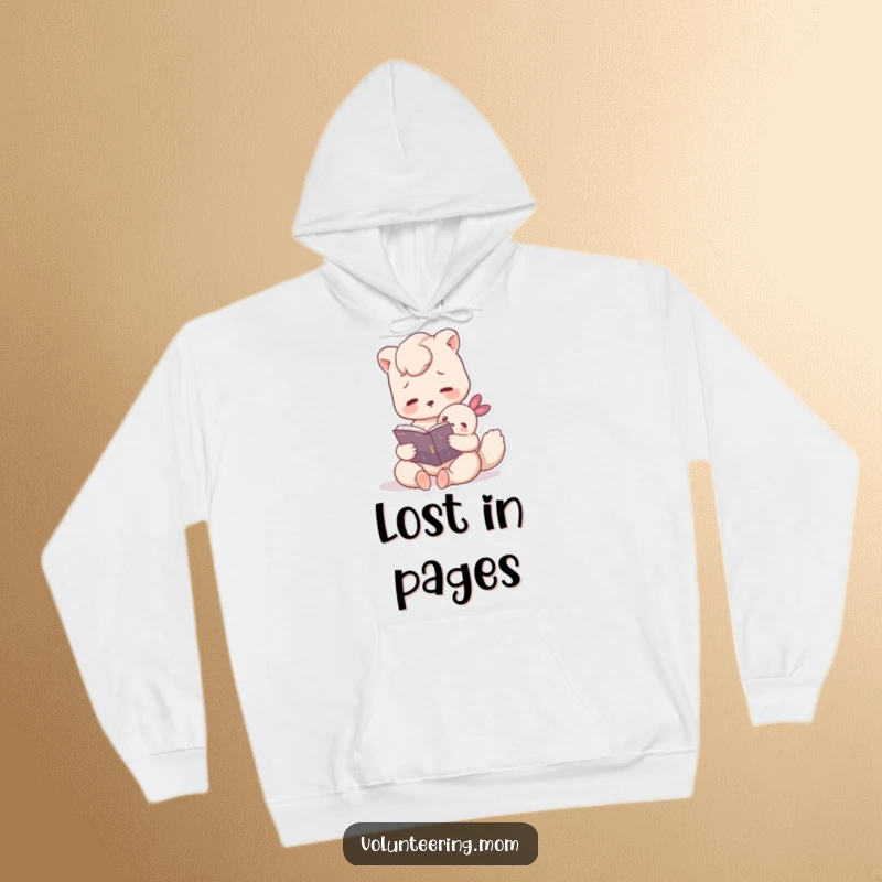 Funny hoodie depicting a gentle Mom animal character reading a beloved book to a snug little creature, creating a cozy atmosphere.