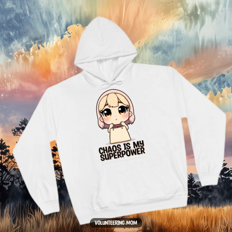 Funny hoodie: Mom’s surprised reaction to a dropped grocery bag, a humorous and cozy depiction, perfect gift.
