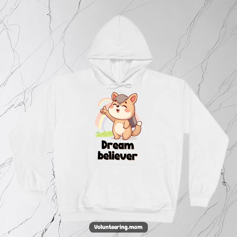 Funny hoodie depicting an optimistic Mom animal character pointing with excitement towards a distant, colorful rainbow, representing aspirations.