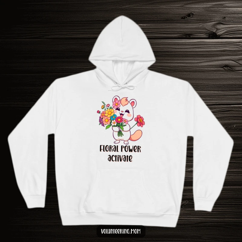 Funny Flower Hoodie displaying a smiling whimsical creature holding a bright bouquet of flowers, perfect for cozy enchantment.