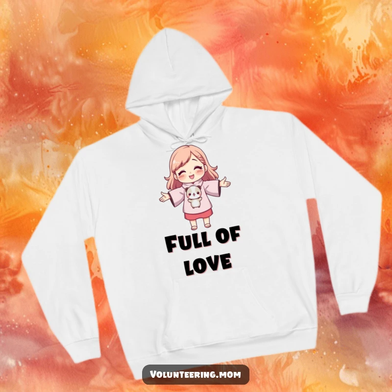 Funny mom character with outstretched arms hugging a small animal, warm hooded sweatshirt, cute embrace, humorous graphic, gift.