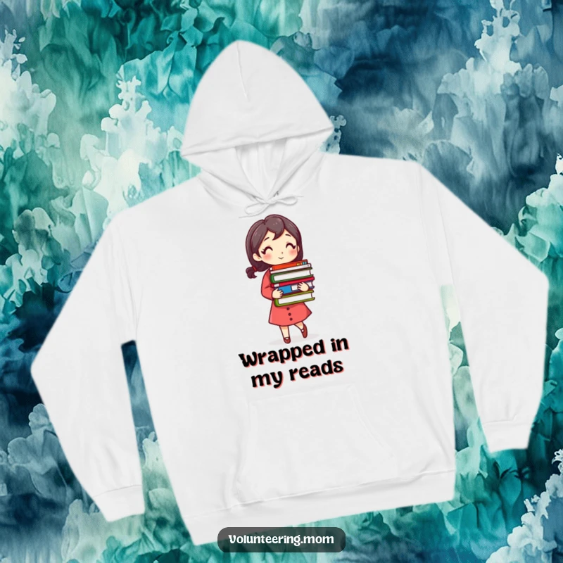 Funny Busy Mom Hoodie with a woman carrying a stack of colorful books, perfect for cozy reading sessions.