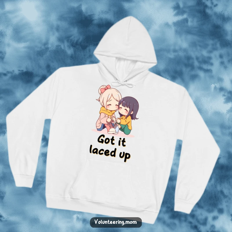 Funny mom hoodie, a mother character gently helping tie shoelaces, symbolizing care, patience, and unconditional love.