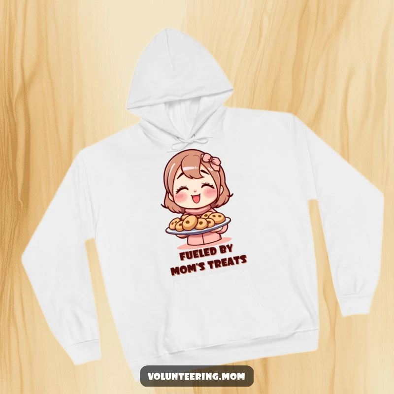 Funny mom hoodie with a warm illustration of a mom character presenting a tempting plate of cookies.