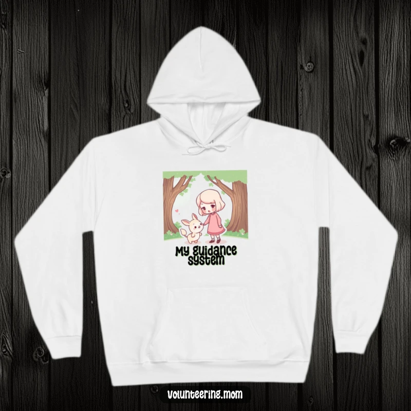 Funny Hoodie: A soft hoodie depicting a mom character gently nudging a lost creature, a symbol of care and direction.