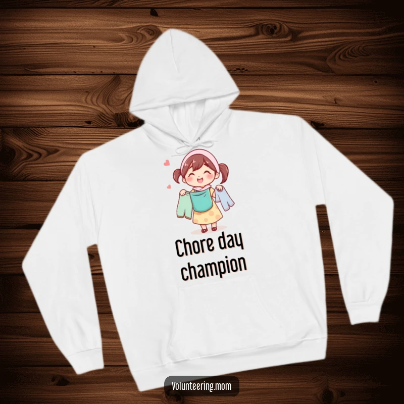 Funny hoodie featuring a happy mom character carrying a load of laundry, embodying comfort and cheerful productivity.