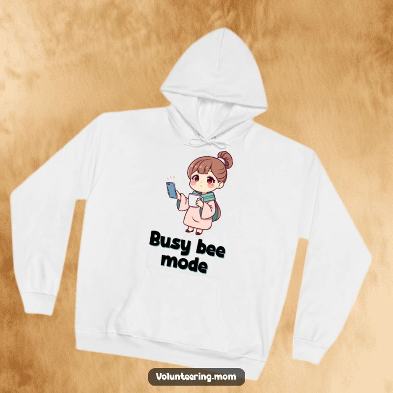 Funny hoodie featuring a mom character balancing a phone and a mug, embodying the art of multitasking.