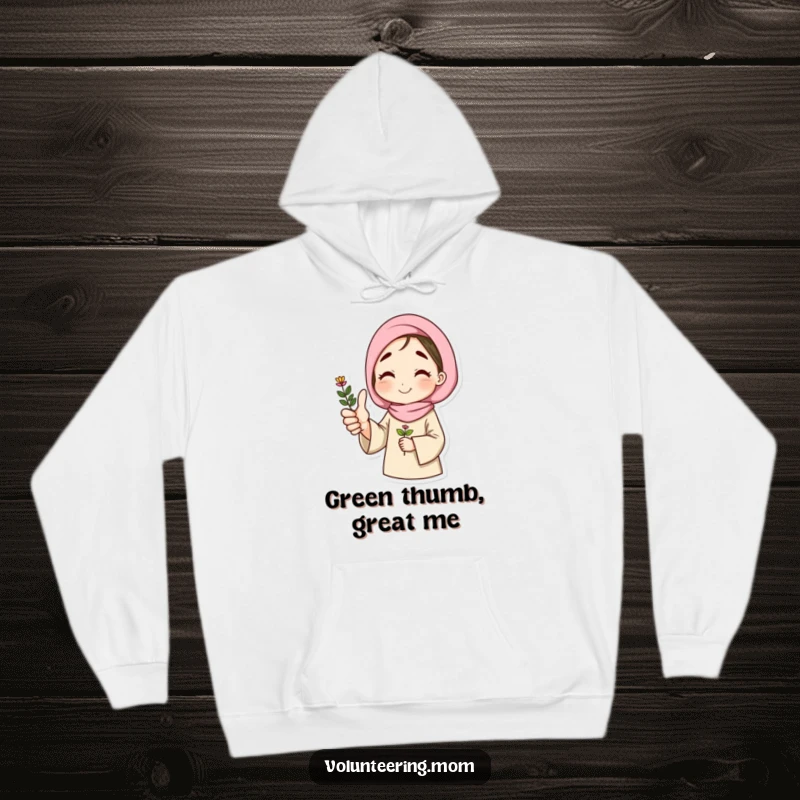 Funny hoodie featuring a happy mom giving a thumbs up, holding a plant, embodying comfort and positivity.