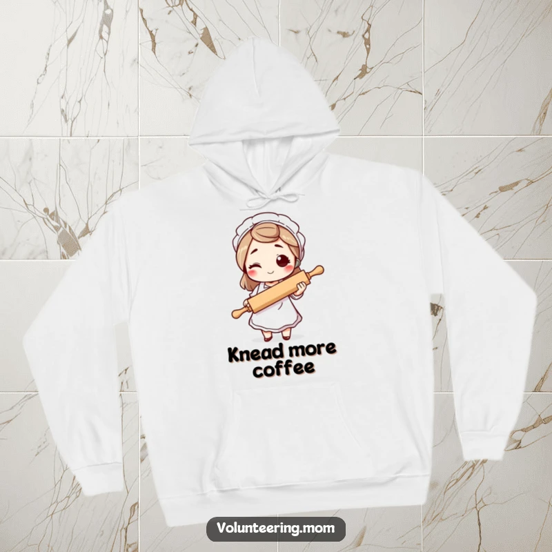 Funny mom hoodie, a winking mother figure in an apron holding a rolling pin, ready for cozy baking sessions and laughs.