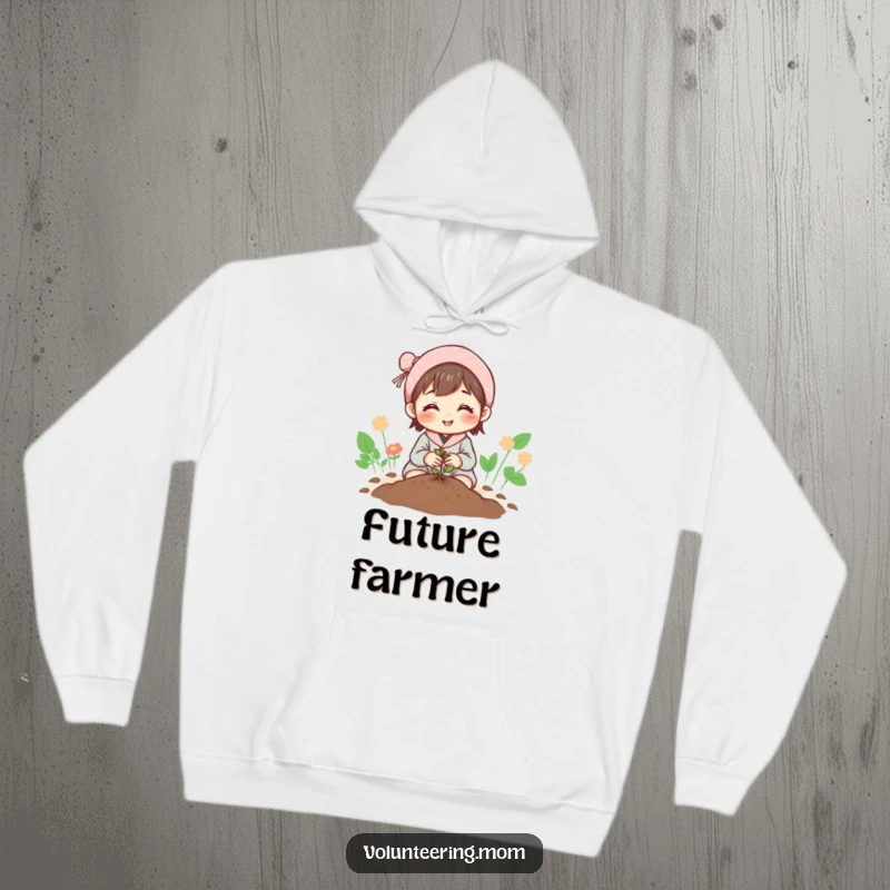 Funny Mom Hoodie: A hopeful mom planting a small seed, symbolizing new life and gentle nurturing.