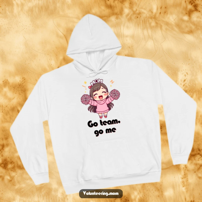 Funny mom hoodie, depicting a joyful mom with pom-poms, perfect for staying warm and spirited.