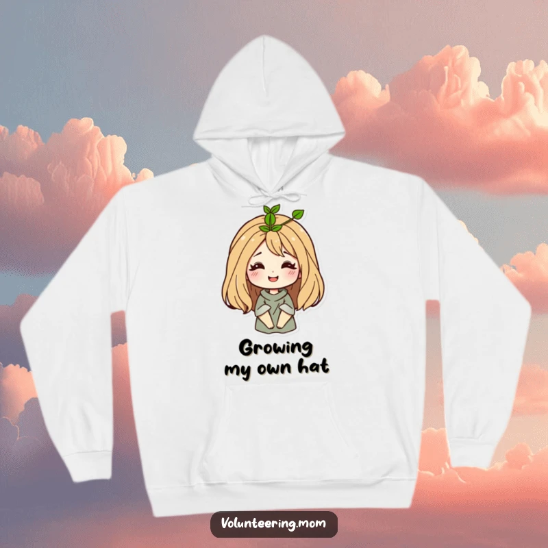 Funny Mom Hoodie with a smiling mom character and a sprout sprouting from her hair, representing growth and joy.