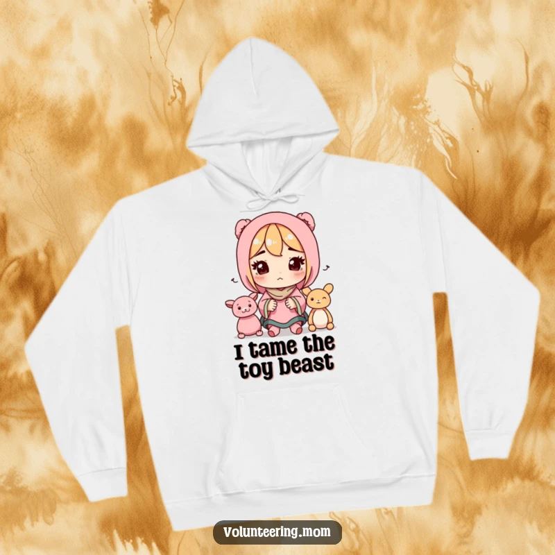 Funny hoodie showcasing a determined mom character engaged in organized toy tidying, providing warmth and humor.