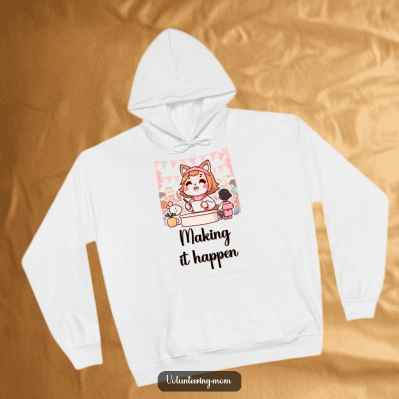 Funny hoodie with a cheerful Kawaii mom animal character joyfully orchestrating a lively community event, promoting togetherness.