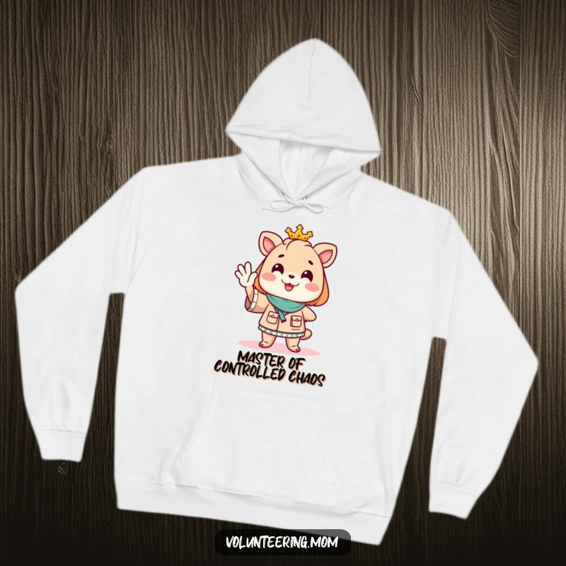 Funny Mom animal character wearing a hoodie, directing imaginary traffic with a warm, cheerful wave, radiating comfort and control.
