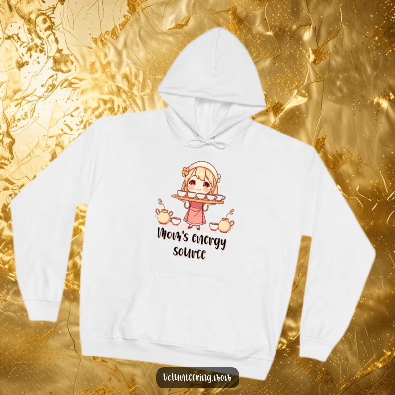 Funny hoodie depicting a mom character balancing a tray of steaming cups, offering warmth and humorous appreciation for mothers.