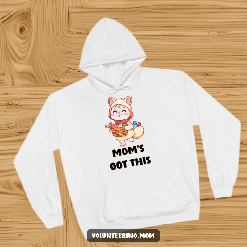 Funny Kawaii Mom Animal Hoodie, a cozy top showcasing a cheerful mom character with a basket of supplies.