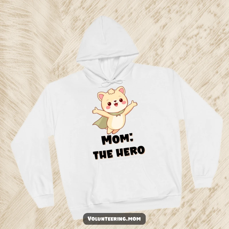 Funny hoodie featuring a mom animal character in a cape, flying with arms outstretched, perfect for cozy heroism.
