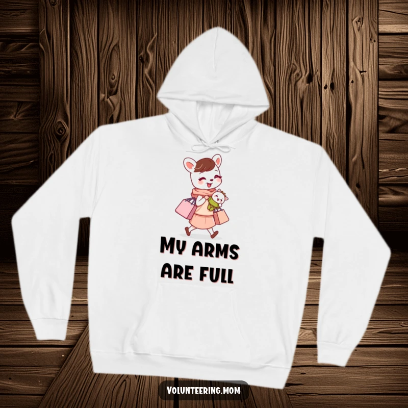 Funny hoodie depicting a busy mom animal character overloaded with a baby and shopping bag, a comfy tribute.