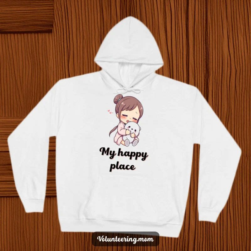 Funny Hoodie: A soft hoodie showing a mom character in a warm embrace with a cute stuffed animal, sighing happily.
