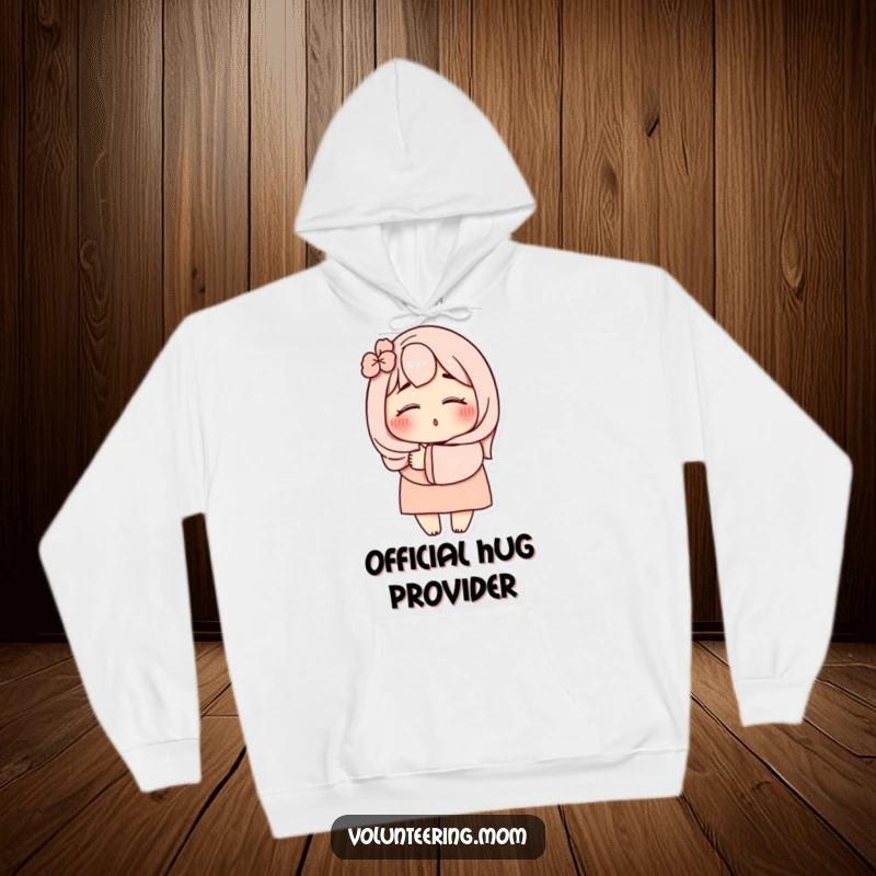 Funny Mom Hug Hoodie: Adorable mom character with eyes shut, giving a warm, gentle hug, great for screen readers as a funny present.