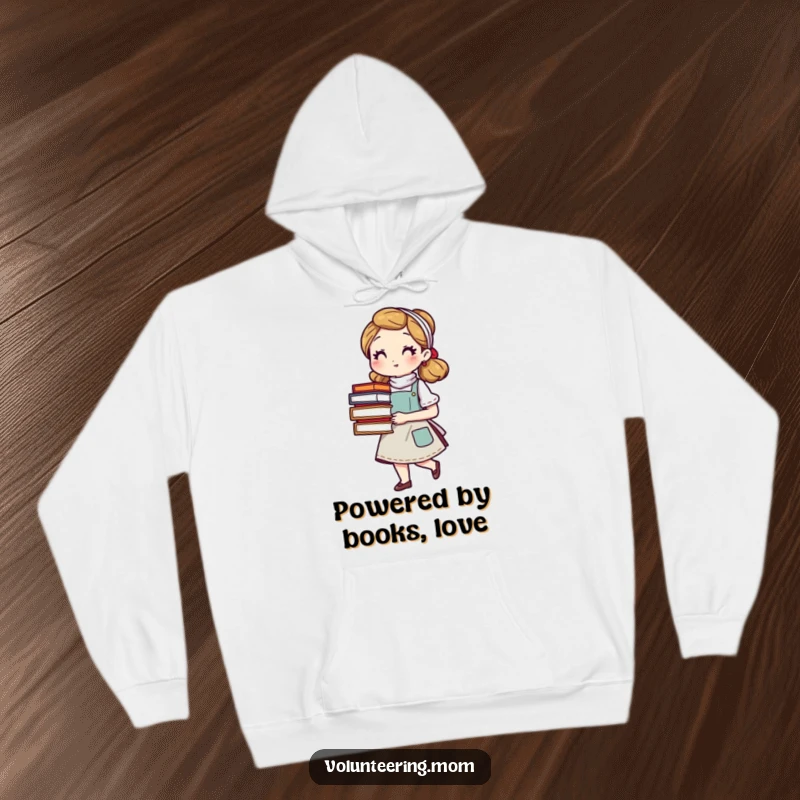 Funny mom hoodie featuring a character in an apron with a stack of books, offering warmth and a humorous tribute to reading moms, a funny gift.