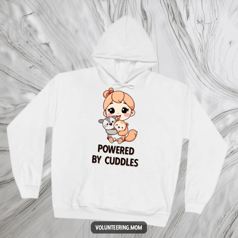 Kawaii mom character with a loving smile holding a cute baby animal, featured on a cozy hoodie.