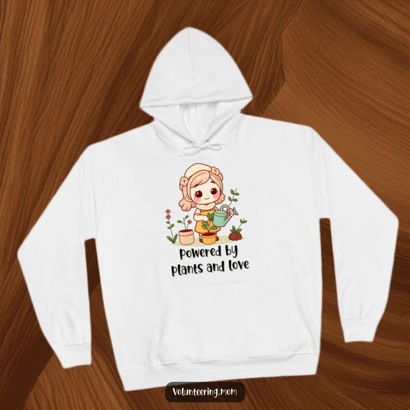 Funny Kawaii Mom gardening hoodie, cozy and smiling while watering plants, a warm and humorous gift for moms.