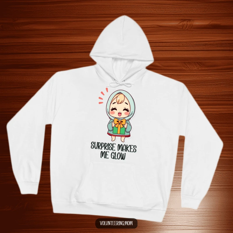 Funny hoodie featuring a kawaii mom character looking incredibly excited and happy about a surprise gift.