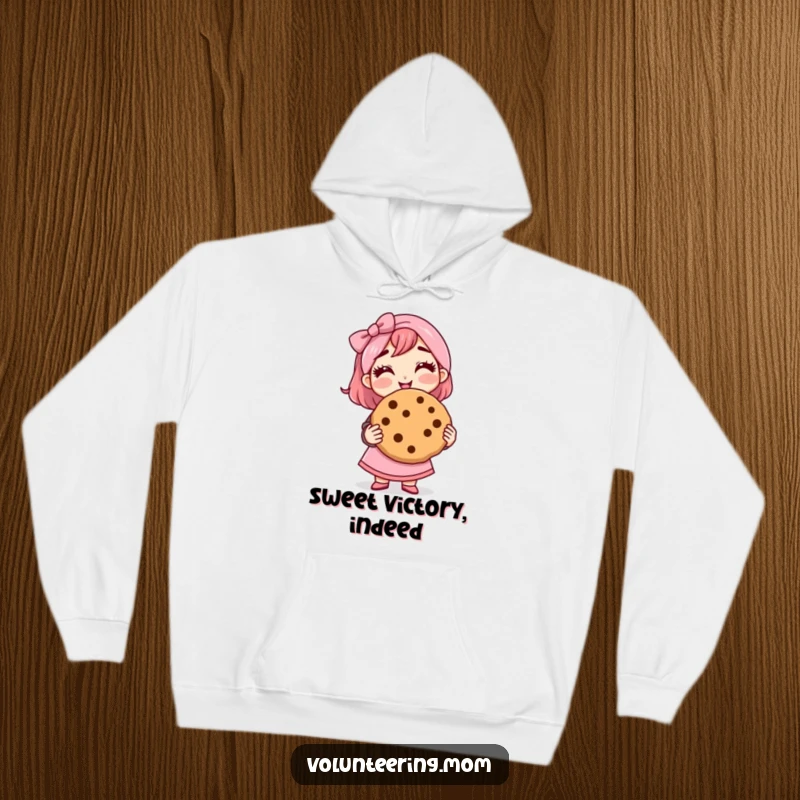 Funny mom hoodie, depicting a proud mom holding a giant cookie, cozy and sweet.