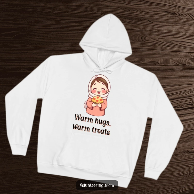 Funny Hoodie: A soft hoodie depicting a mom character in a warm hug, sharing a delightful pastry.