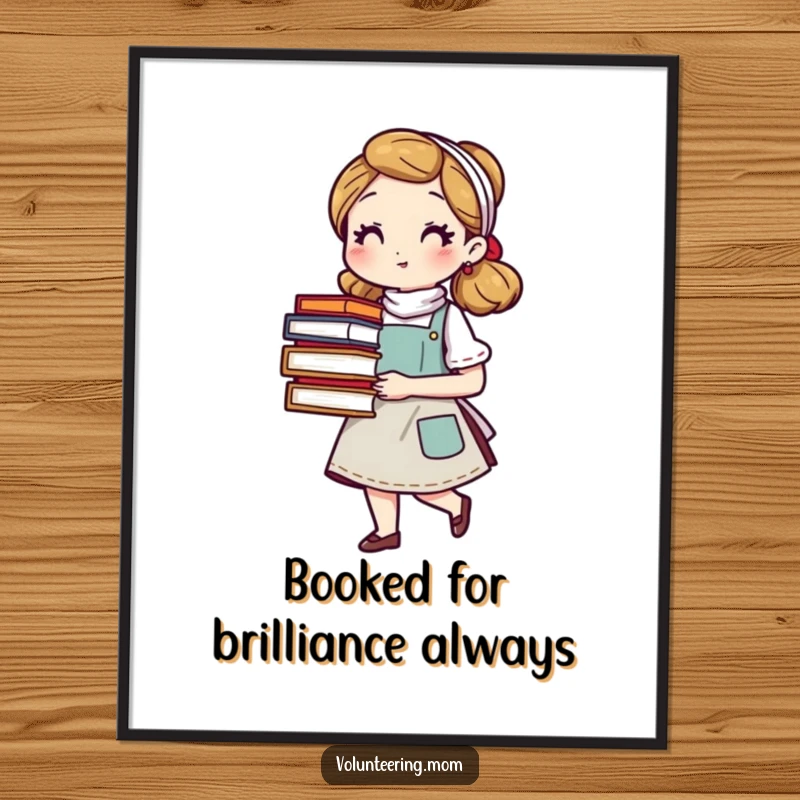Funny Free Printable Wall Art: A mom in an apron carrying a large stack of books, representing knowledge and love.