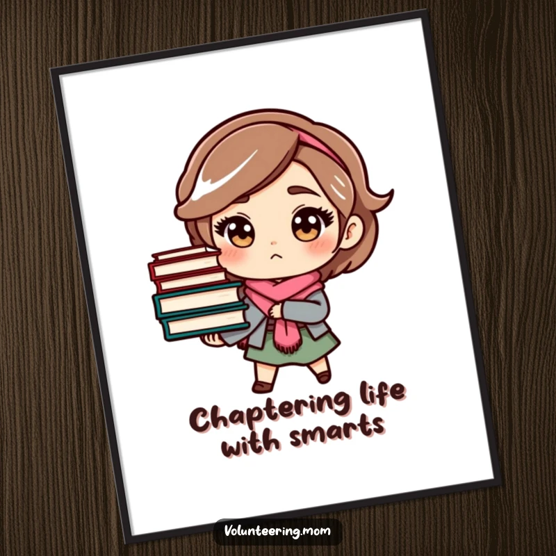Funny Free Printable Wall Art: Determined mom character holding a massive stack of books, symbolizing knowledge and strength.