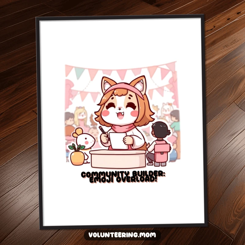 Funny free printable Kawaii mom animal character enthusiastically organizing a community event, vibrant downloadable wall art.