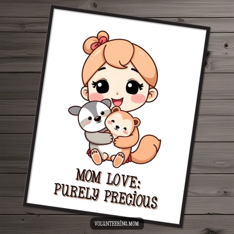 Cute free printable wall art showing a kawaii mom character with a loving smile holding a precious baby animal. Whimsical and heartwarming.