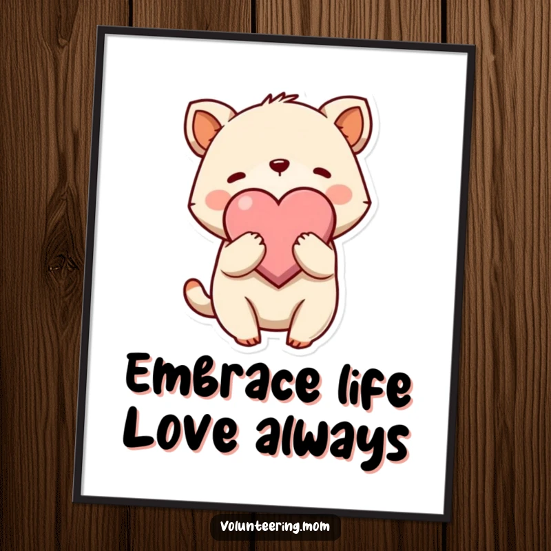 Funny Free Printable Wall Art: Cute animal character giving a gentle embrace, holding a large heart symbol, cozy art.