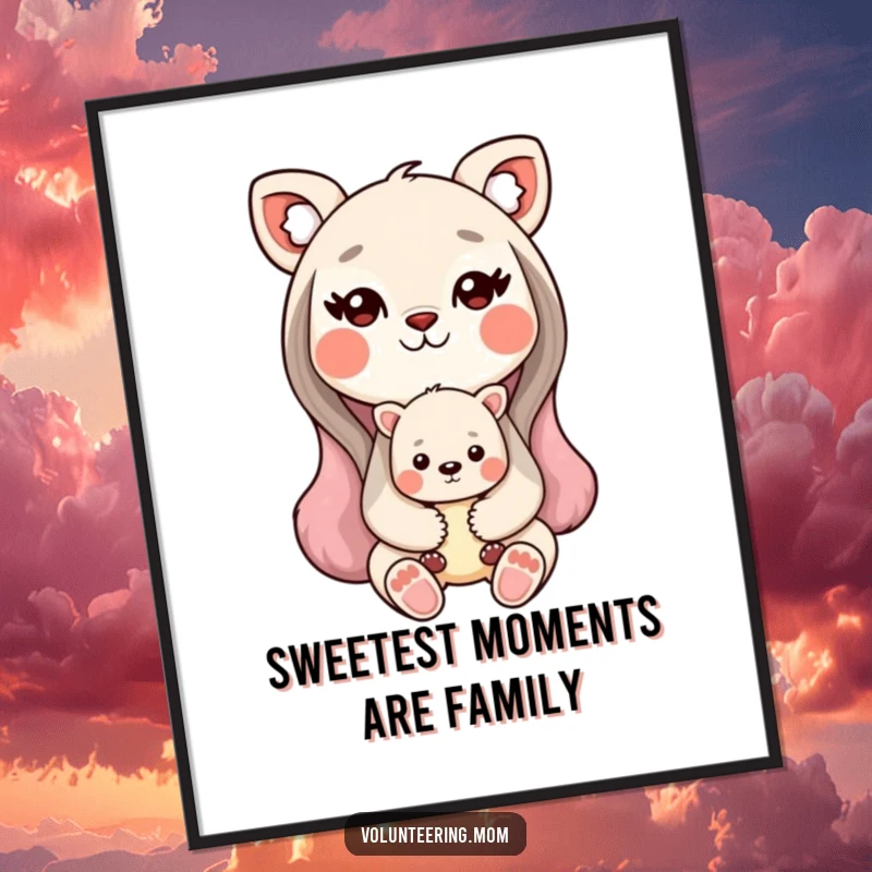 Funny Free Printable Kawaii Mom Animal Wall Art: Sweet mom holding baby, radiating love and warmth.