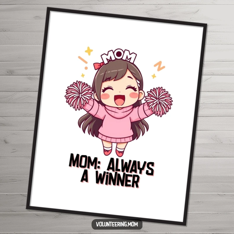 Funny Free Printable Wall Art: Mom character enthusiastically cheering with pom-poms, radiating positive energy and a spirited attitude.