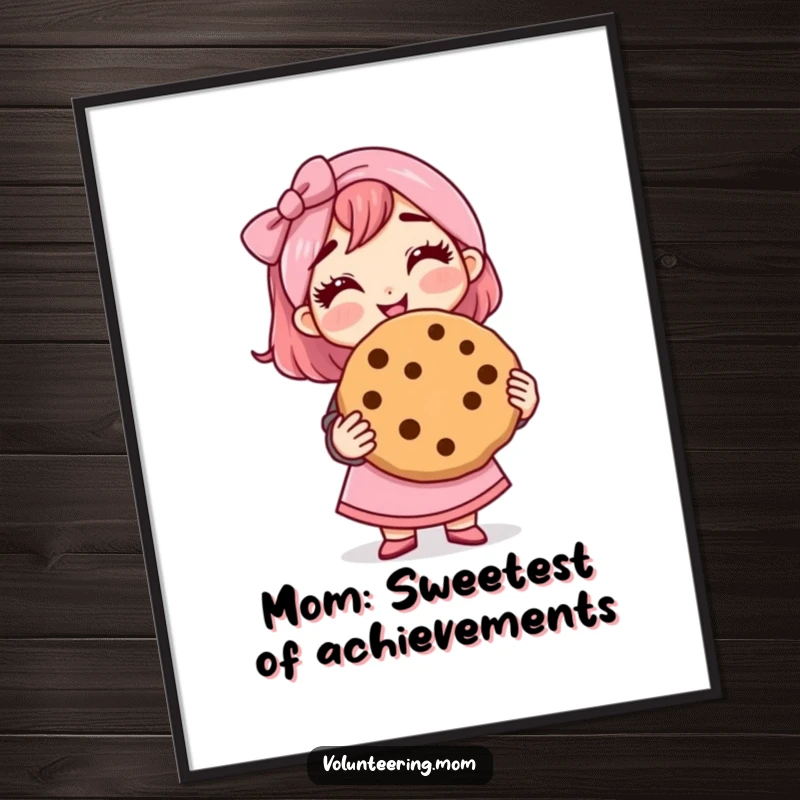 Funny Free Printable Wall Art: Cute mom character proudly holding a giant cookie with a happy, satisfied grin.