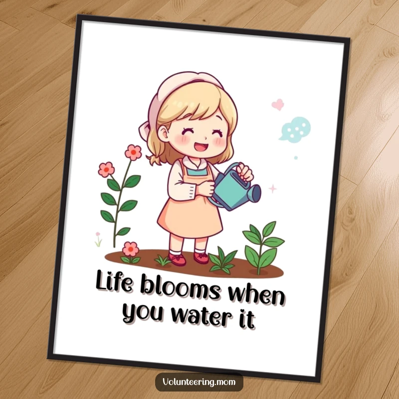 Funny Free Printable Wall Art: A mom cheerfully tending her vibrant garden, perfect downloadable art.