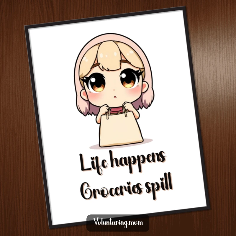 Funny Free Printable Wall Art: Mom's eyes wide with surprise at spilled groceries, humorous downloadable art.