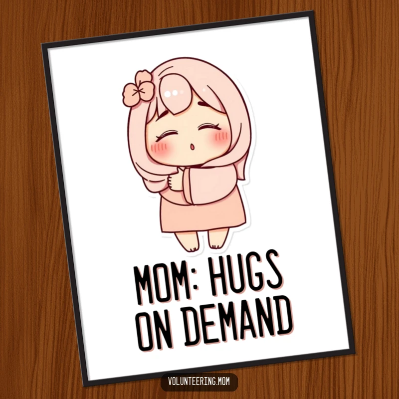 Funny free printable wall art depicting a mom character with eyes shut, offering a cozy and affectionate hug to spread joy.