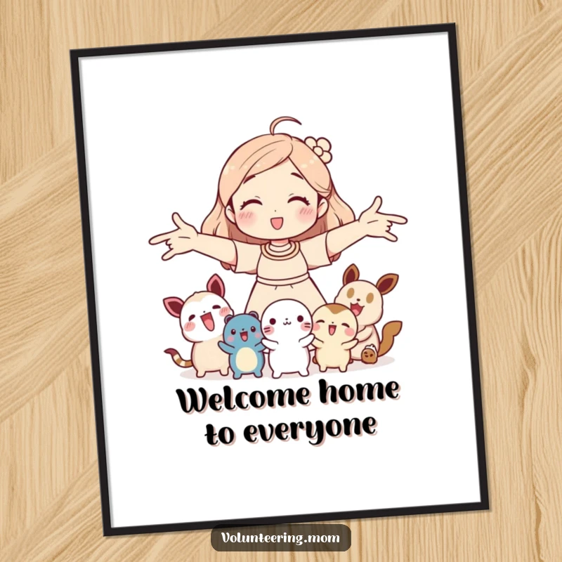 Funny Free Printable Wall Art: Mom embracing small creatures with open arms, cozy downloadable art.