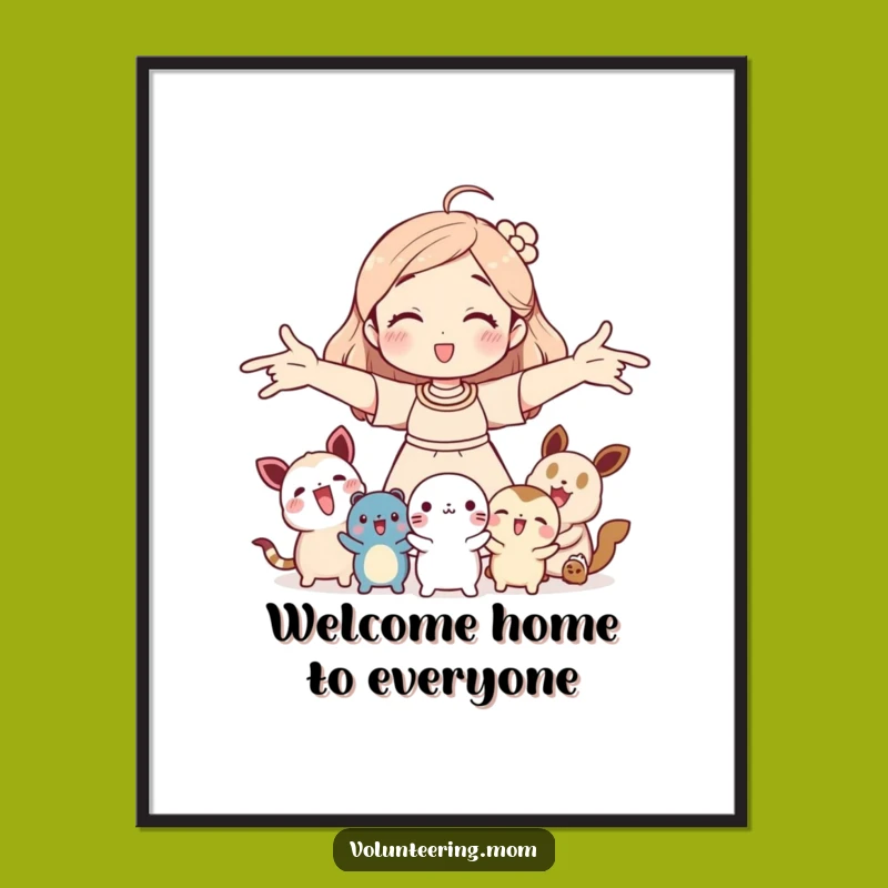 Free Printable Wall Art: Funny Mom Welcoming Creatures, Cozy Scene, Downloadable Art
