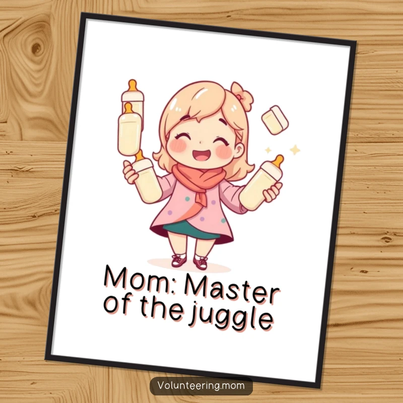 Funny Free Printable Wall Art: Mom character smiling while expertly juggling multiple baby bottles, illustrating parenting's delightful chaos.
