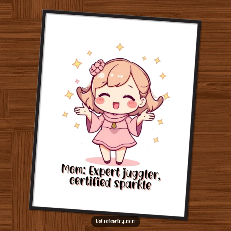 Funny Free Printable Wall Art: A charming kawaii mom character with surrounding sparkles, juggling items happily.