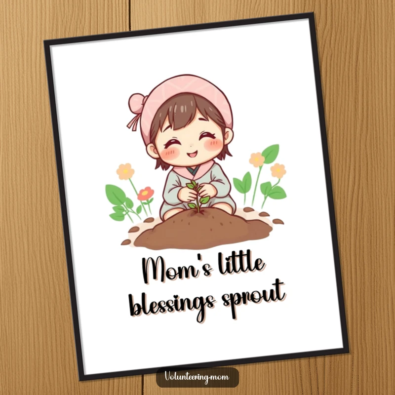 Free Printable Wall Art: A sweet illustration of a mom planting a tiny seed, her face filled with hopeful anticipation.