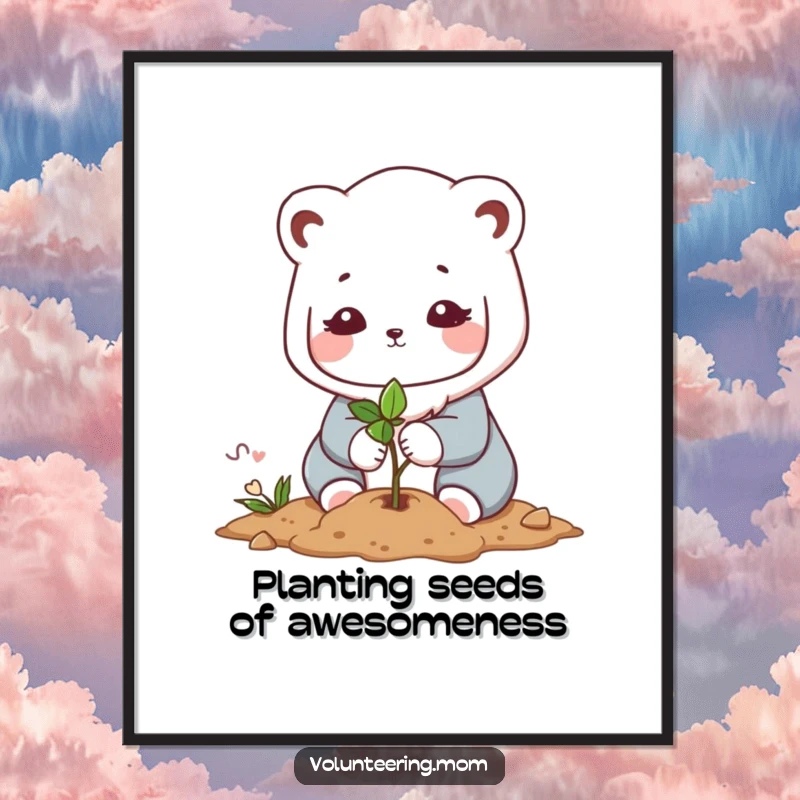 Free Printable Wall Art depicting a tender Kawaii mom animal character carefully planting a small sapling with nurturing intent.