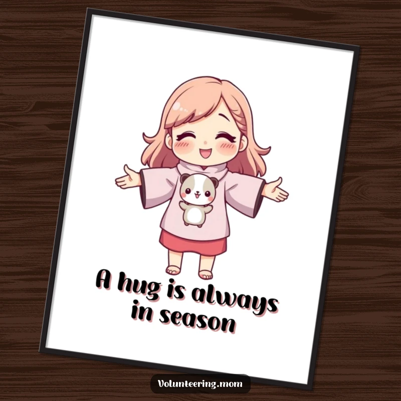 Funny Free Printable Wall Art depicting a mom character with outstretched arms about to hug a small, cute animal. Tender and humorous downloadable decor.